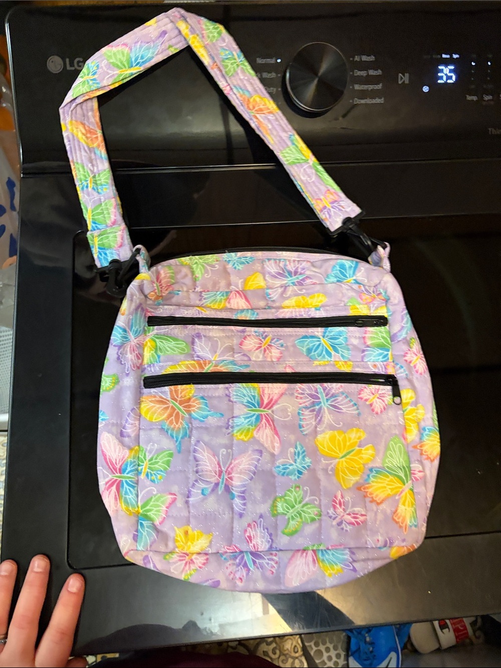 Lavender Butterfly Print Crossbody Bag - Women's Adjustable Strap